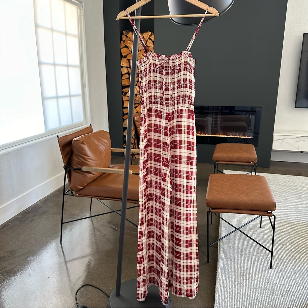 Reformation red plaid jumpsuit